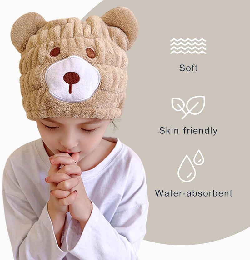 LCBD Microfiber Hair Towel Wrap for Kids, Brown Bear Dry Hair Cap Suck Water, Absorbent Quick Girls Boys Hair Drying Towel, Lightweight Bouncy Hat Headscarf for Wet Hair - Image 4